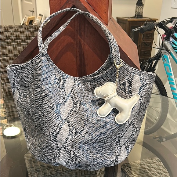 Chic Brown and Tan Faux Snakeskin Tote with Poofy Pup Coin Purse - Picture 1 of 9
